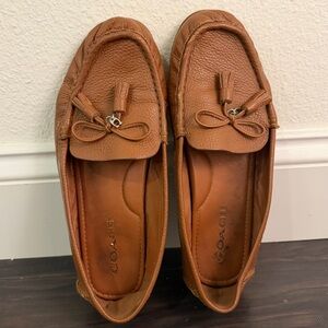 Coach Minna pebbled leather driver moccasin loafer in brown with tassels